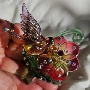 Colorful  Hand Blown Glass Bird and Flower Ornament